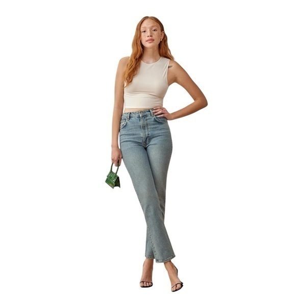 Reformation Liza Ultra High rise straight cropped fringe denim jeans